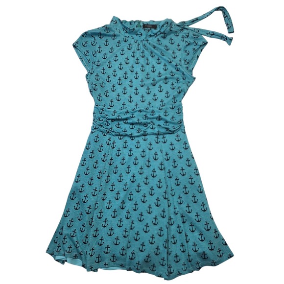 eShakti Anchor Print Dress Tie Neck Sleeveless Casual Blue‎ Dress XS - Picture 1 of 7